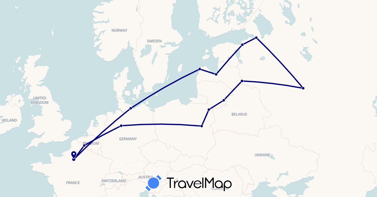 TravelMap itinerary: driving in Germany, Estonia, France, Lithuania, Latvia, Poland, Russia (Europe)